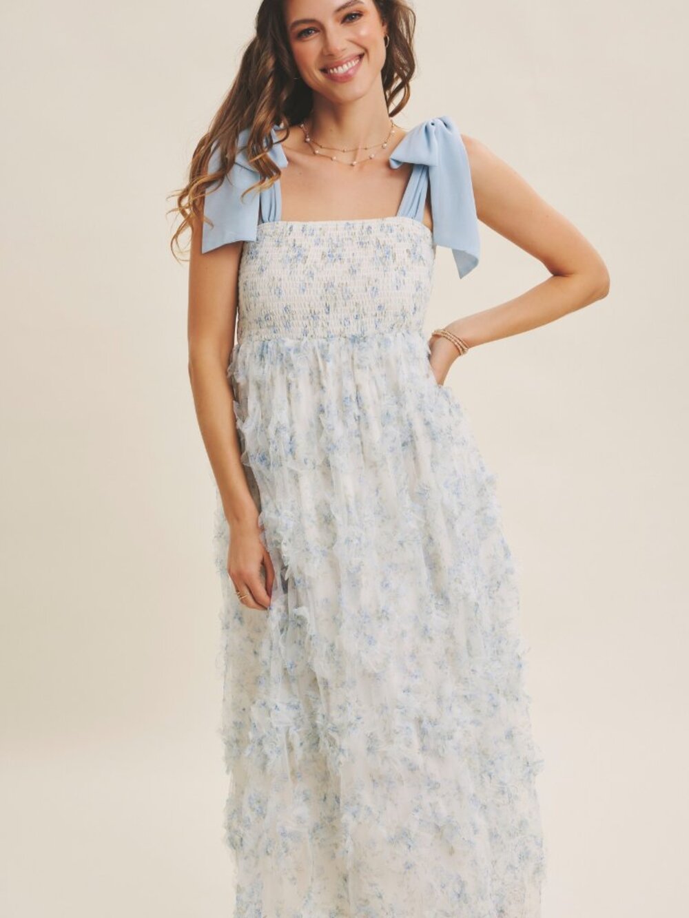 Textured Floral Smocked Midi Dress Tie Straps